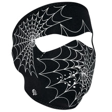 Load image into Gallery viewer, Full face riding mask with glow in the dark spider web design on front side. Can be reversed to an all black side.
