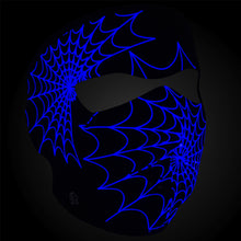 Load image into Gallery viewer, Full face riding mask with glow in the dark spider web design on front side. Can be reversed to an all black side.