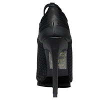 Load image into Gallery viewer, back side view of 6" heel sandal with adjustable ankle strap and woven nylon upper and sides with vegan leather details.