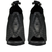 Load image into Gallery viewer, front view of 6" heel sandal with adjustable ankle strap and woven nylon upper and sides with vegan leather details.