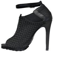 Load image into Gallery viewer, inner side view of 6" heel sandal with adjustable ankle strap and woven nylon upper and sides with vegan leather details.