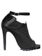 Load image into Gallery viewer, outer side view of 6" heel sandal with adjustable ankle strap and woven nylon upper and sides with vegan leather details.