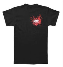 Load image into Gallery viewer, Black double sided Aiden band shirt with logo on front right, above artwork of a bloody bride. Back print has a bloody heart.