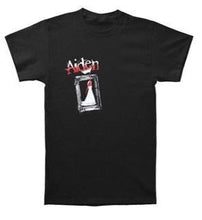 Load image into Gallery viewer, Black double sided Aiden band shirt with logo on front right, above artwork of a bloody bride. Back print has a bloody heart.