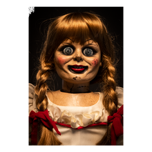 Load image into Gallery viewer, doll face up close with braided hair, red hair tie details, and worn out doll look on face