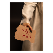 Load image into Gallery viewer, close up of parchment paper in doll's hand that reads "miss me?"