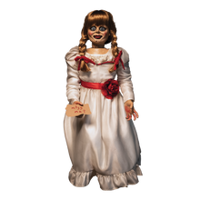Load image into Gallery viewer, doll wearing white long sleeve dress with red carnation accessory belt. doll is holding parchment paper that reads "miss me?"