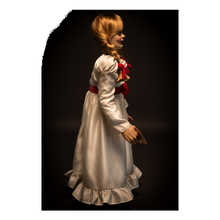 Load image into Gallery viewer, doll wearing white long sleeve dress with red carnation accessory belt. doll is holding parchment paper that reads "miss me?"