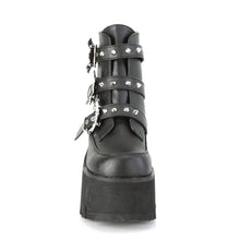 Load image into Gallery viewer, front view black unisex vegan leather chunky 3.5 inch heel ankle boot, with three straps, bat buckles and silver tree spikes across straps