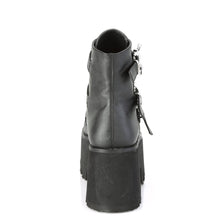 Load image into Gallery viewer, back side view black unisex vegan leather chunky 3.5 inch heel ankle boot, with three straps, bat buckles and silver tree spikes across straps