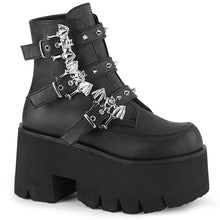 Load image into Gallery viewer, right side view black unisex vegan leather chunky 3.5 inch heel ankle boot, with three straps, bat buckles and silver tree spikes across straps