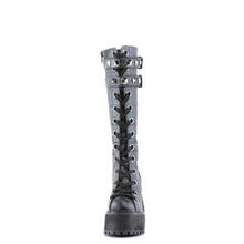 Load image into Gallery viewer, front view of black vegan leather unisex boot with 4 3/4" chunky pleated heel, has two adjustable buckle straps on top with silver pyramid stud detail