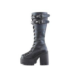 Load image into Gallery viewer, left view of black vegan leather unisex boot with 4 3/4" chunky pleated heel, has two adjustable buckle straps on top with silver pyramid stud detail