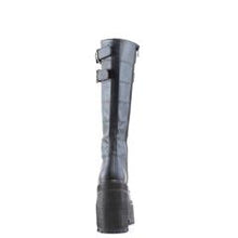 Load image into Gallery viewer, backside view of black vegan leather unisex boot with 4 3/4" chunky pleated heel, has two adjustable buckle straps on top with silver pyramid stud detail