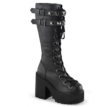 Load image into Gallery viewer, right side view of black vegan leather unisex boot with 4 3/4" chunky pleated heel, has two adjustable buckle straps on top with silver pyramid stud detail