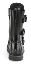 Load image into Gallery viewer, back side view of Real black leather, 12 Eyelet, steel toe lace-up triple buckle ankle boot with rubber sole and full length inside zip closure.
