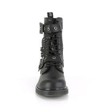 Load image into Gallery viewer, front side view of black vegan leather unisex mid-calf combat bootg, with 1 1/4" heel, 10 eyelets, top and bottom adjustable strap, and five row hanging chain on backside