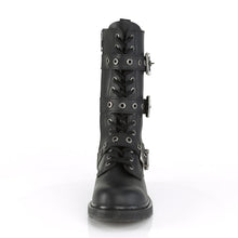 Load image into Gallery viewer, front side view of black vegan leather unisex mid calf combat boot with 1 1/4" heel, 14 eyelets and 3 adjustable buckle straps