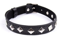 Load image into Gallery viewer, Silver pyramid studs placed with corners up to look like diamond shapes on black vegan leather choker.