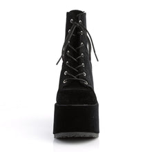 Load image into Gallery viewer, front side view of black velvet super chunky 5 inch heel 3 inch platform 7 eyelet lace-up front with full back zipper