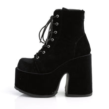 Load image into Gallery viewer, left side view of black velvet super chunky 5 inch heel 3 inch platform 7 eyelet lace-up front with full back zipper