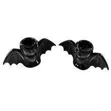 Load image into Gallery viewer, Black bat candlestick holders come in a set of two, and each holds a standard taper candle. CANDLES NOT INCLUDED.
