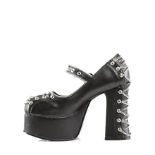 Load image into Gallery viewer, left side view of black vegan leather 2 inch platform mary jane with corset chain design detail on the front and back of shoe, with zipper detail around mouth of shoe and around adjustable front strap