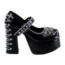 Load image into Gallery viewer, right side view of black vegan leather 2 inch platform mary jane with corset chain design detail on the front and back of shoe, with zipper detail around mouth of shoe and around adjustable front strap