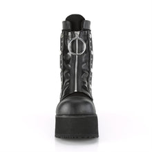 Load image into Gallery viewer, front view of black vegan leather mid calf 3.5 inch wedge platform boot with front snap-on stretch panel that has a zipper with large O ring pull tab, which hides laces. also has lace up back