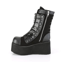 Load image into Gallery viewer, left side of black vegan leather mid calf 3.5 inch wedge platform boot with front snap-on stretch panel that has a zipper with large O ring pull tab, which hides laces. also has lace up back. inside left full zipper