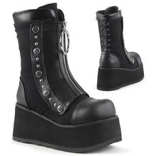 Load image into Gallery viewer, right and back side view of black vegan leather mid calf 3.5 inch wedge platform boot with front snap-on stretch panel that has a zipper with large O ring pull tab, which hides laces. also has lace up back