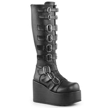 Load image into Gallery viewer, right side view of black vegan leather 4 1/4" platform knee high gogo boot with 9 adjustable straps up and down the boot