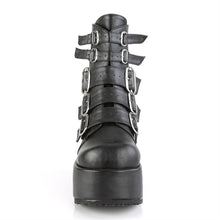 Load image into Gallery viewer, front side view of black vegan leather ankle boot with 4 1/4" platform. boot has 5 adjustable straps from top to bottom