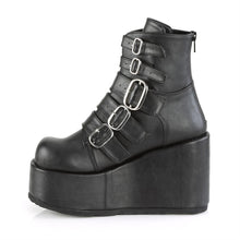 Load image into Gallery viewer, left side view of black vegan leather ankle boot with 4 1/4" platform. boot has 5 adjustable straps from top to bottom