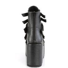 Load image into Gallery viewer, back side view of black vegan leather ankle boot with 4 1/4" platform. boot has 5 adjustable straps from top to bottom. back side has full zipper