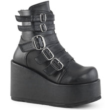 Load image into Gallery viewer, right side view of black vegan leather ankle boot with 4 1/4" platform. boot has 5 adjustable straps from top to bottom