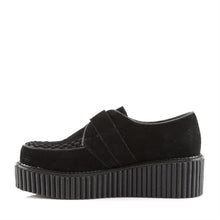 Load image into Gallery viewer, left side view of black vegan leather suede 2" platform creeper sneaker shoe with adjustable strap across foot