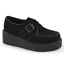 Load image into Gallery viewer, right side view of black vegan leather suede 2" platform creeper sneaker shoe with adjustable strap across foot