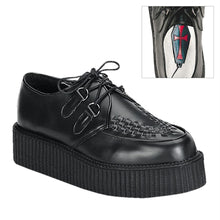 Load image into Gallery viewer, right side view of real black leather 2 inch platform creeper with woven detail on top of shoe and lace up front. has secret hidden coffin shaped compartment underneath sole cover inside shoe