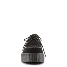 Load image into Gallery viewer, front side view of real black leather suede 2 inch platform creeper with woven detail on top of shoe and lace up front. has secret hidden coffin shaped compartment underneath sole cover inside shoe
