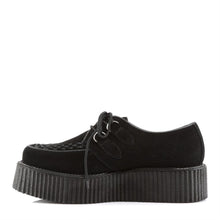 Load image into Gallery viewer, left side view of real black leather suede 2 inch platform creeper with woven detail on top of shoe and lace up front. has secret hidden coffin shaped compartment underneath sole cover inside shoe