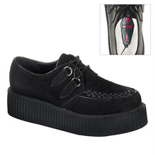 Load image into Gallery viewer, right side view of real black leather suede 2 inch platform creeper with woven detail on top of shoe and lace up front. has secret hidden coffin shaped compartment underneath sole cover inside shoe