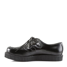 Load image into Gallery viewer, left side view of black leather 1" platform Gothic rockabilly punk black leather creeper with front top weaving design and lace up front