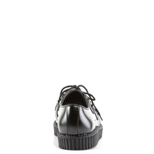 Load image into Gallery viewer, back side view of black leather 1" platform Gothic rockabilly punk black leather creeper with front top weaving design and lace up front