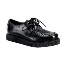 Load image into Gallery viewer, right side view of black leather 1" platform Gothic rockabilly punk black leather creeper with front top weaving design and lace up front