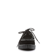 Load image into Gallery viewer, front side view of real leather black suede 1" platform D-Ring Lace-Up w/Interwoven Apron and Piping Detail