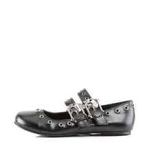 Load image into Gallery viewer, left side view of black vegan leather Ballet Flat Double Strap Mary Jane with Skull Buckle Eyelet Detailing on two adjustable straps that go over the top of the foot