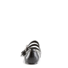 Load image into Gallery viewer, back side view of black vegan leather Ballet Flat Double Strap Mary Jane with Skull Buckle Eyelet Detailing on two adjustable straps that go over the top of the foot
