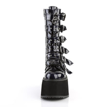 Load image into Gallery viewer, front side view of black oil slick vinyl pvc 3.5" platform lace-up front Mid-calf boot Features 6 cone-studded buckle straps and Inside metal zip closure