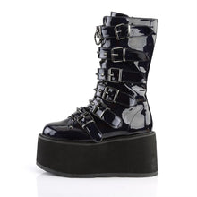 Load image into Gallery viewer, left side view of black oil slick vinyl pvc 3.5" platform lace-up front Mid-calf boot Features 6 cone-studded buckle straps and Inside metal zip closure